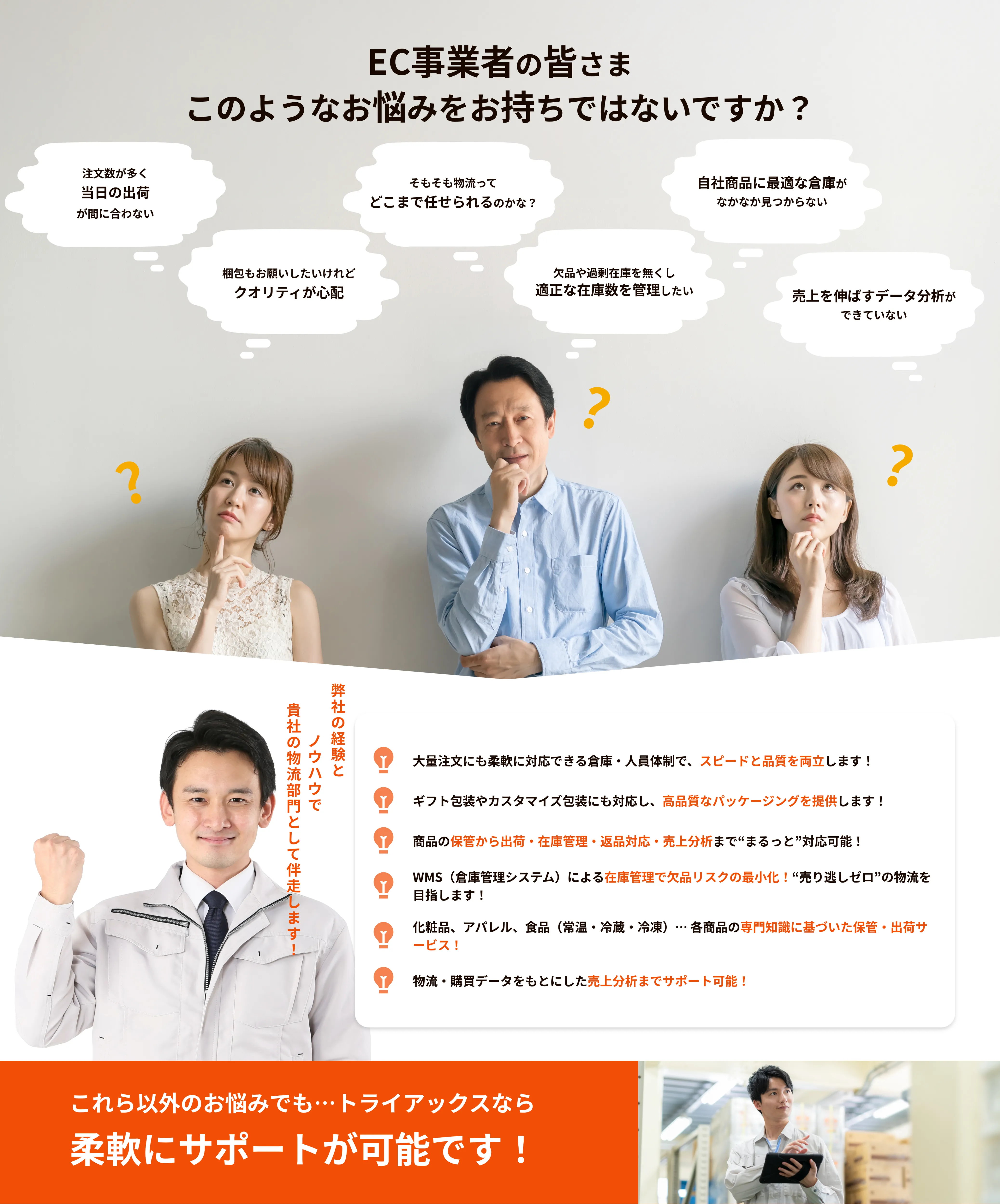 化粧品、アパレル、食品（常温・冷蔵・冷凍）… 各商品のEC事業者の皆さま、このようなお悩みをお持ちではないですか？